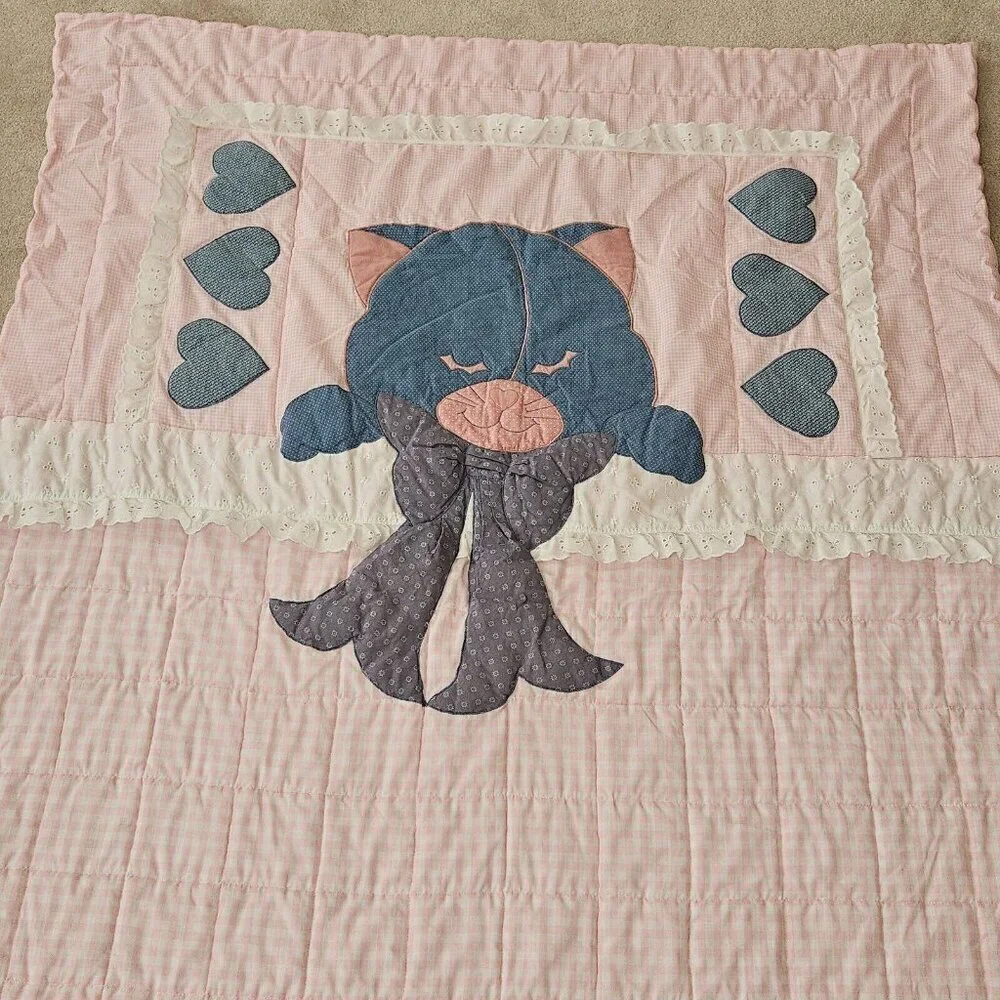 VTG Cuddle Cat Handmade Blanket Quilt 41x55 Pink White Gingham Blue Kitty Hearts